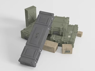 Military Weapon Storage Cases in Green Gray with Multiple Small Brown Cartons 3d model