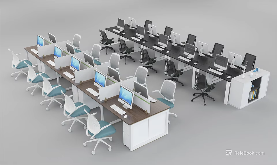 Modern Office Desks With Computers Ergonomic Chairs And Workspace Layout 3d model