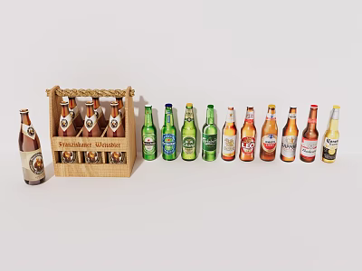 Assorted Beer Bottles in Wooden Crate with Different Colors and Labels Displayed 3d model