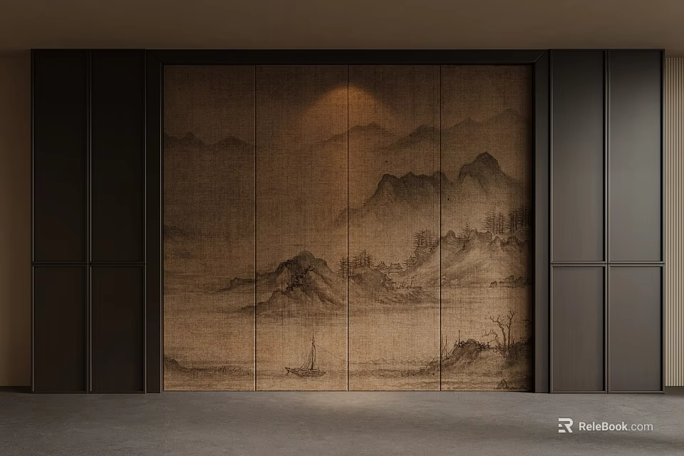 Chinese Style Wall Featuring Ink Landscape Painting Mountains Trees Boat Dark Frame And Soft Lighting 3d model 