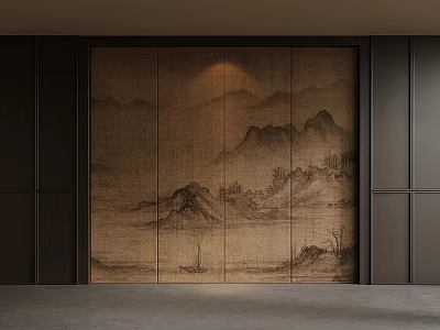 Chinese Style Wall Featuring Ink Landscape Painting Mountains Trees Boat Dark Frame And Soft Lighting 3d model