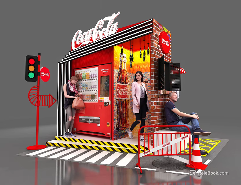 Coca Cola Vending Machine Scene With Red Brick Wall People Traffic Light And Barriers 3d model 
