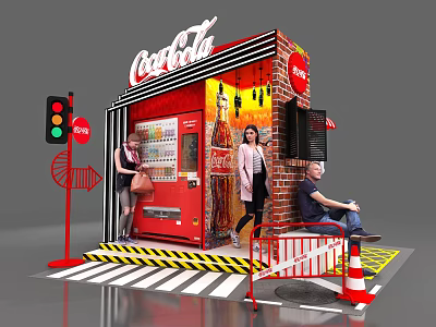 Coca Cola Vending Machine Scene With Red Brick Wall People Traffic Light And Barriers 3d model