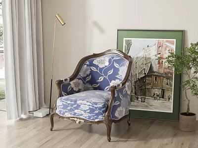 Elegant Blue and White Floral Armchair with Wooden Armrests beside Green Painting and Floor Lamp 3d model
