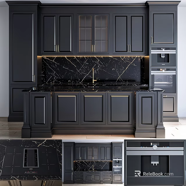 Elegant Modern Kitchen Featuring Black Cabinets Marble Backsplash And Island Design 3d model 