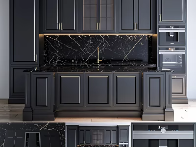 Elegant Modern Kitchen Featuring Black Cabinets Marble Backsplash And Island Design 3d model