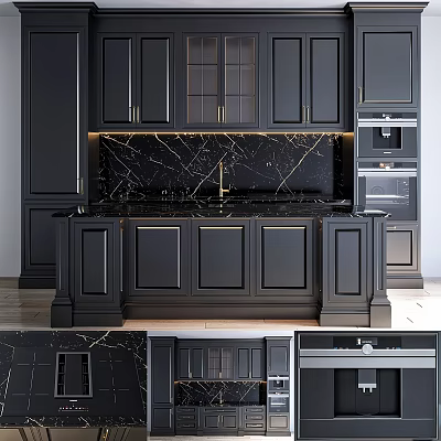 Elegant Modern Kitchen Featuring Black Cabinets Marble Backsplash And Island Design 3d model