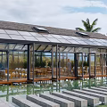 Modern Sunroom With Large Glass Walls and Skylights Overlooking Waterfront Featuring Tables and Chairs