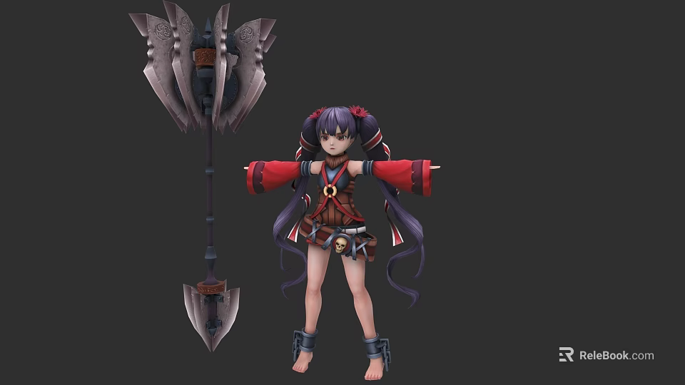 Game Character With Purple Hair Red Brown Outfit Large Weapon Standing Arms Outstretched 3d model 