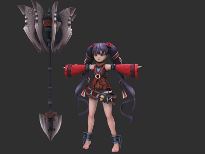 Game Character With Purple Hair Red Brown Outfit Large Weapon Standing Arms Outstretched 3d model
