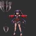 Game Character With Purple Hair Red Brown Outfit Large Weapon Standing Arms Outstretched