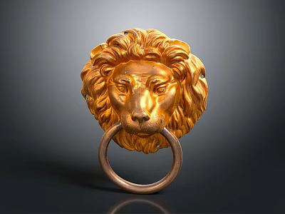 Detailed Carved Golden Lion Head Sculpture With Intricate Metal Ring Door Knocker 3d model