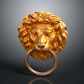 Detailed Carved Golden Lion Head Sculpture With Intricate Metal Ring Door Knocker