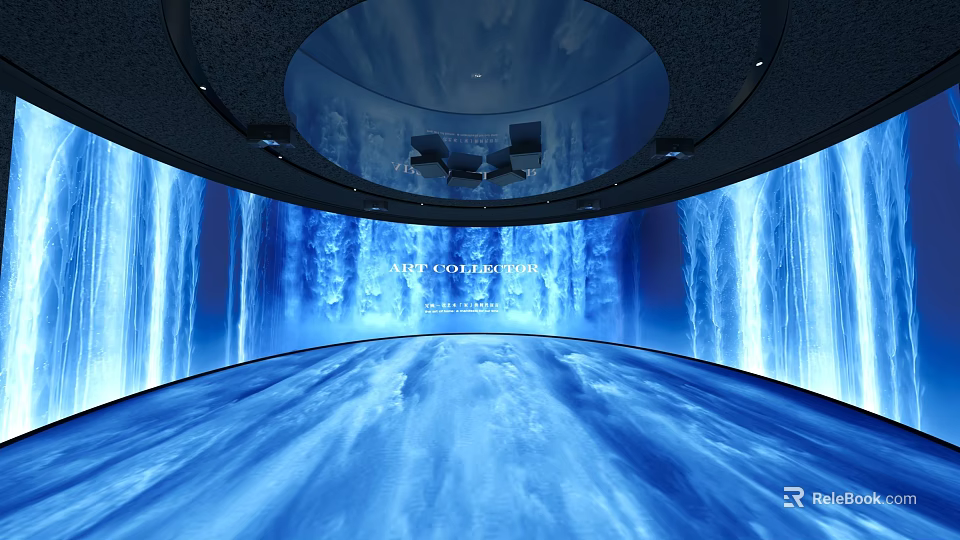 Immersive Blue Themed Space With Curved Background And Dynamic Wave Effects 3d model 