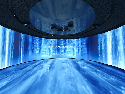Immersive Blue Themed Space With Curved Background And Dynamic Wave Effects 3d model