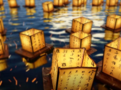 Traditional Floating Outdoor Lights Glowing With Chinese Characters On Water Surface 3d model