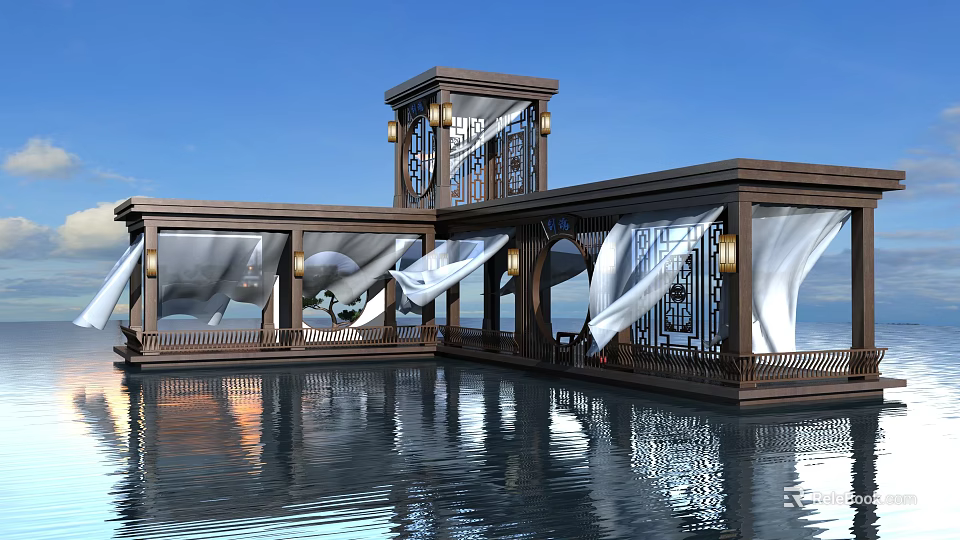 Elevator Hallway Chinese Style With Wooden Structure White Curtains And Pool Reflections 3d model 