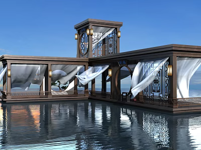 Elevator Hallway Chinese Style With Wooden Structure White Curtains And Pool Reflections 3d model