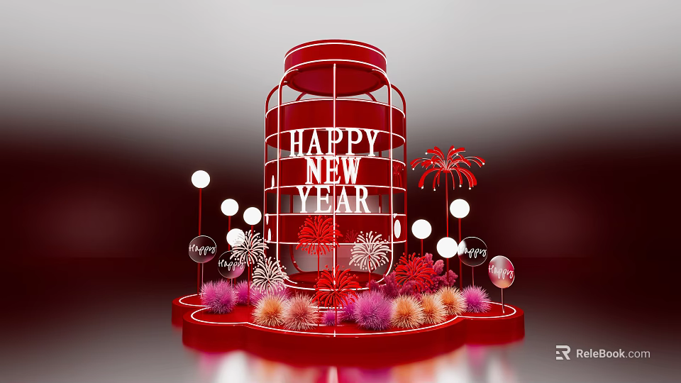 Red Bottle Shaped Art Installation Featuring Happy New Year Text Fireworks Pink Orange Spherical Ornaments 3d model 