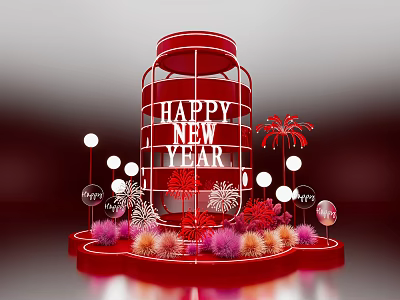 Red Bottle Shaped Art Installation Featuring Happy New Year Text Fireworks Pink Orange Spherical Ornaments 3d model