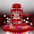 Red Bottle Shaped Art Installation Featuring Happy New Year Text Fireworks Pink Orange Spherical Ornaments