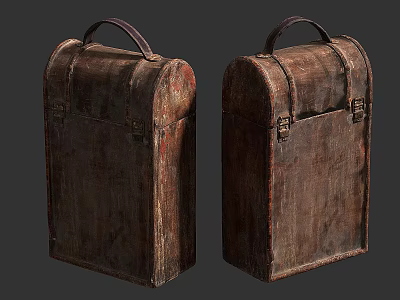 Vintage Brown Wooden Trunk With Worn Texture Leather Handle And Metal Clasps 3d model