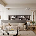 Modern Living Room Interior With Beige Sofa Black Chair Glass Coffee Table And White Bookshelves