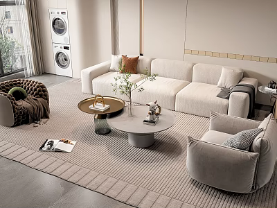 Modern Sofa and Coffee Table Set Interior With Round Coffee Tables Accent Chair Striped Rug 3d model
