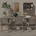 Wooden Dining Table Set With Wicker Back Chairs Black Vase Fruits And Potted Plant