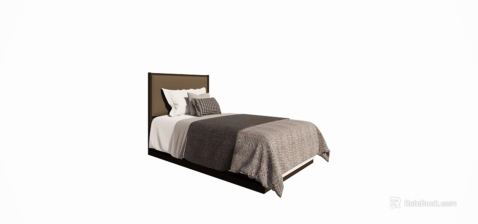 Single Bed With Dark Headboard White Sheets Gray Blanket And Checkered Pillow 3d model