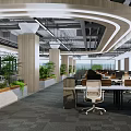 Modern Public Office Space With Open Layout Desks Ergonomic Chairs Green Plants And Natural Light
