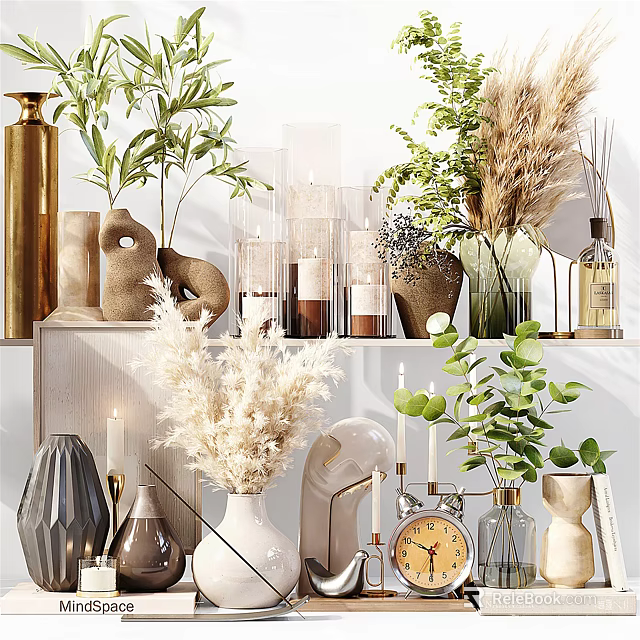 Modern Decorative Ornament Set With Green Plants Dried Flowers Vases Candles And Clock 3d model 