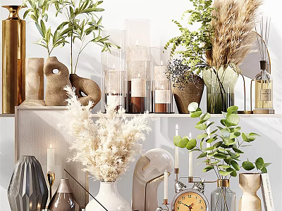 Modern Decorative Ornament Set With Green Plants Dried Flowers Vases Candles And Clock 3d model
