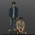 Two Young Men Standing and Sitting in Casual Outfits Against Gray Background