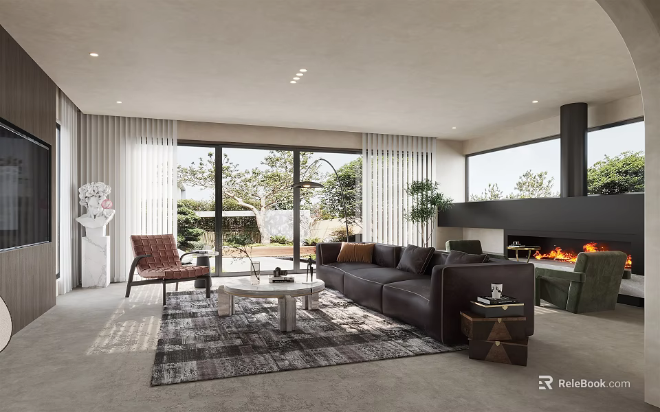 Modern Luxury Living Room With Large Windows Fireplace Grey Sofa Accent Chair Rug And Plants 3d model 
