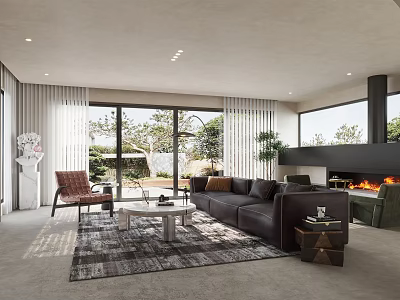 Modern Luxury Living Room With Large Windows Fireplace Grey Sofa Accent Chair Rug And Plants 3d model