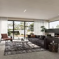 Modern Luxury Living Room With Large Windows Fireplace Grey Sofa Accent Chair Rug And Plants