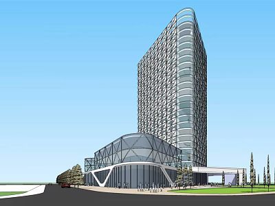 Modern High Rise Office Building with Glass Facade Podium and Landscaped Surroundings 3d model
