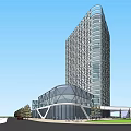 Modern High Rise Office Building with Glass Facade Podium and Landscaped Surroundings