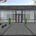 Detached Villa With Chinese Style Roof Glass Curtain Wall Stone Paved Courtyard And Potted Plants