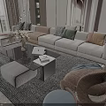 Modern Light Gray Sofa Coffee Table Set With Glass Top Vase Laptop Books And Rug