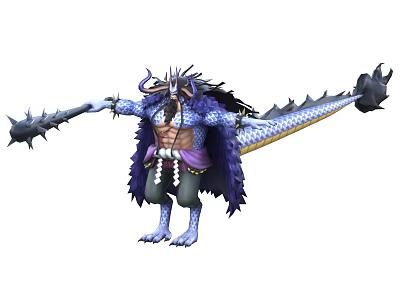 Blue Skinned Horned Game Movie Character With Dragon Tail And Purple Attire 3d model