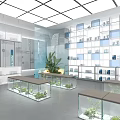 Curved Blue Illuminated Reception Desk In Modern Interior With White And Blue Shelves Green Plants