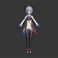 Anime Style Female Character With Blue Hair White Costume Purple Stockings And Red Shoes