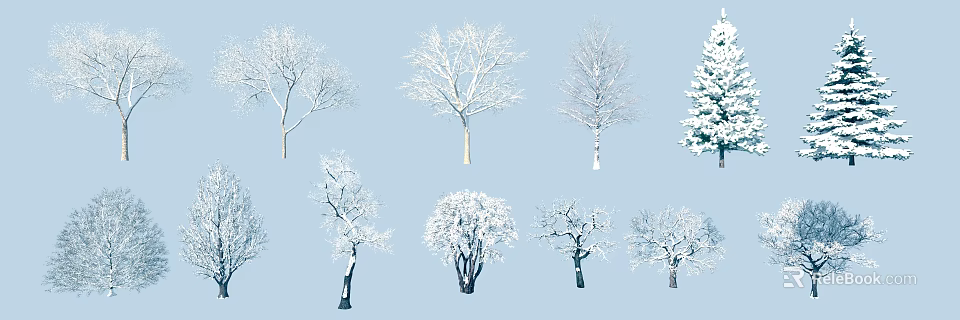 Snow Covered Arbor Trees In Various Shapes Against Light Blue Background 3d model 