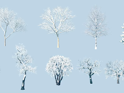 Snow Covered Arbor Trees In Various Shapes Against Light Blue Background 3d model