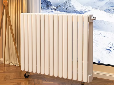 White Vertical Wheeled Radiator With Wooden Floor Curtain And Snowy Mountain View 3d model