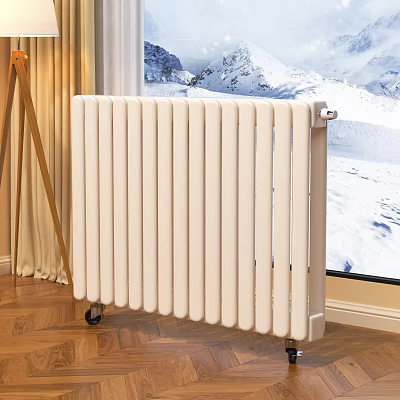White Vertical Wheeled Radiator With Wooden Floor Curtain And Snowy Mountain View 3d model
