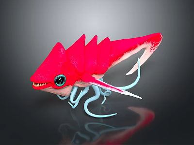 Red Fantasy Creature With Sharp Teeth Large Eye And Blue Tentacles 3d model
