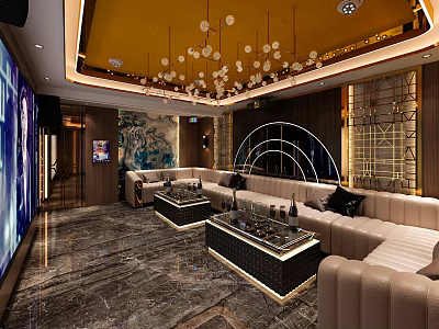 Modern Home Theater Room With Comfortable Sofas Large Screen And Stylish Pendant Lights 3d model